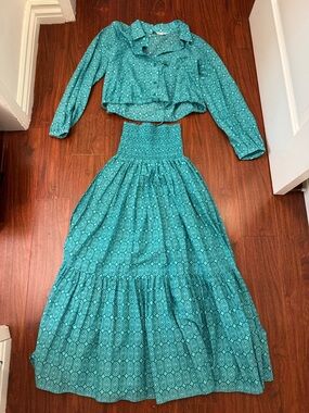 Zara Turquoise Patterned Two-Piece Set - Crop Top & Maxi Skirt, Size Small